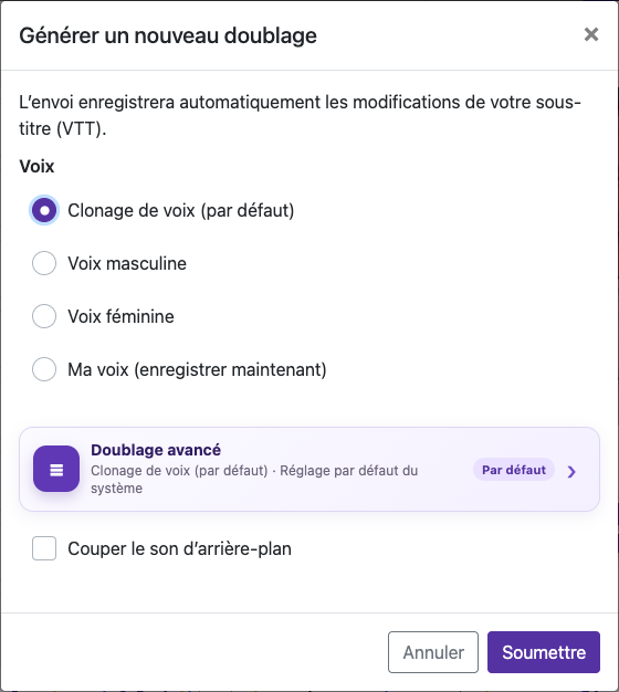 Ouvrir les options de doublage — Ordinateur