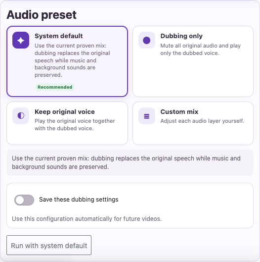 Open Advanced dubbing — Desktop