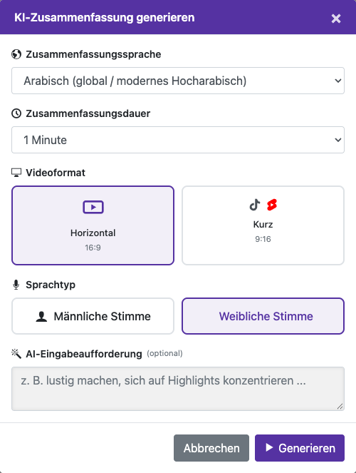 Optionen der Zusammenfassung wählen — Desktop