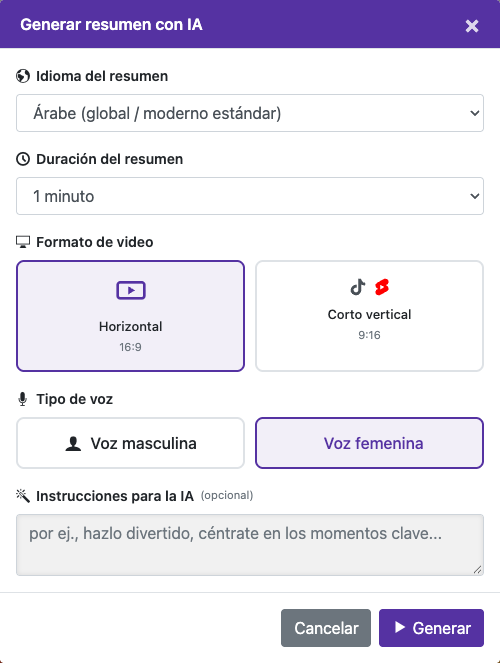 Elige las opciones del resumen — Ordenador