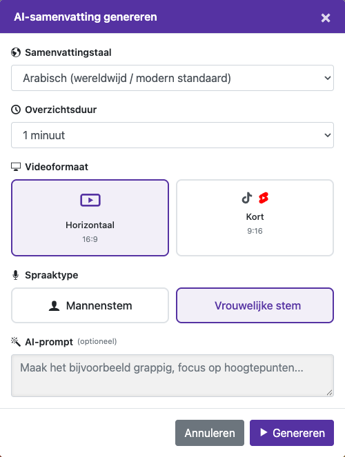 Kies de opties voor de samenvatting — Desktop