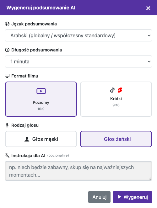 Wybierz opcje podsumowania — Komputer