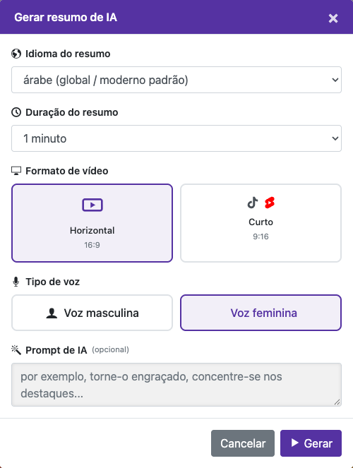 Escolha as opções do resumo — Computador