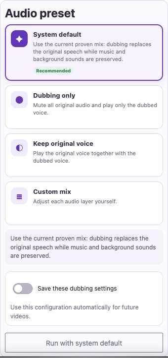 Open Advanced dubbing — Mobile