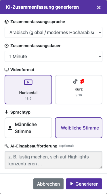 Optionen der Zusammenfassung wählen — Mobil