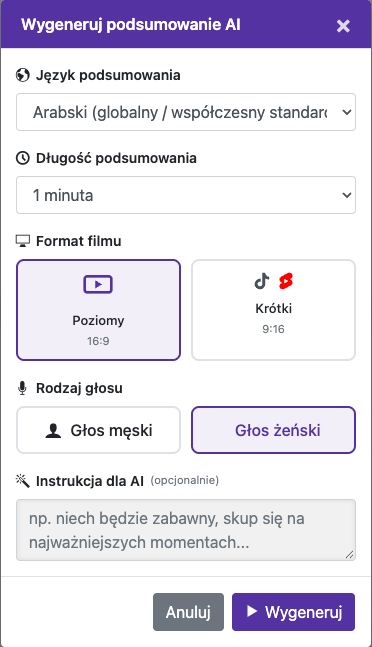 Wybierz opcje podsumowania — Telefon