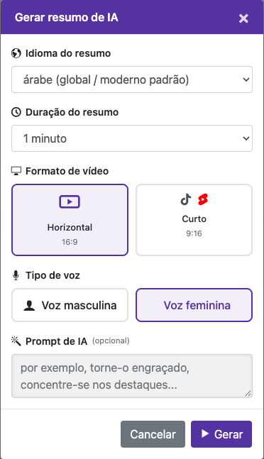 Escolha as opções do resumo — Celular