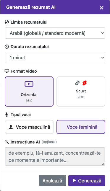 Alege opțiunile rezumatului — Mobil